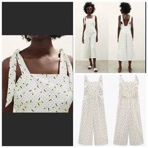 ZARA WOMEN WHITE FLORAL PRINTED CULOTTE JUMPSUIT TIES‎ WIDE LEG NEW TAG SIZE XS